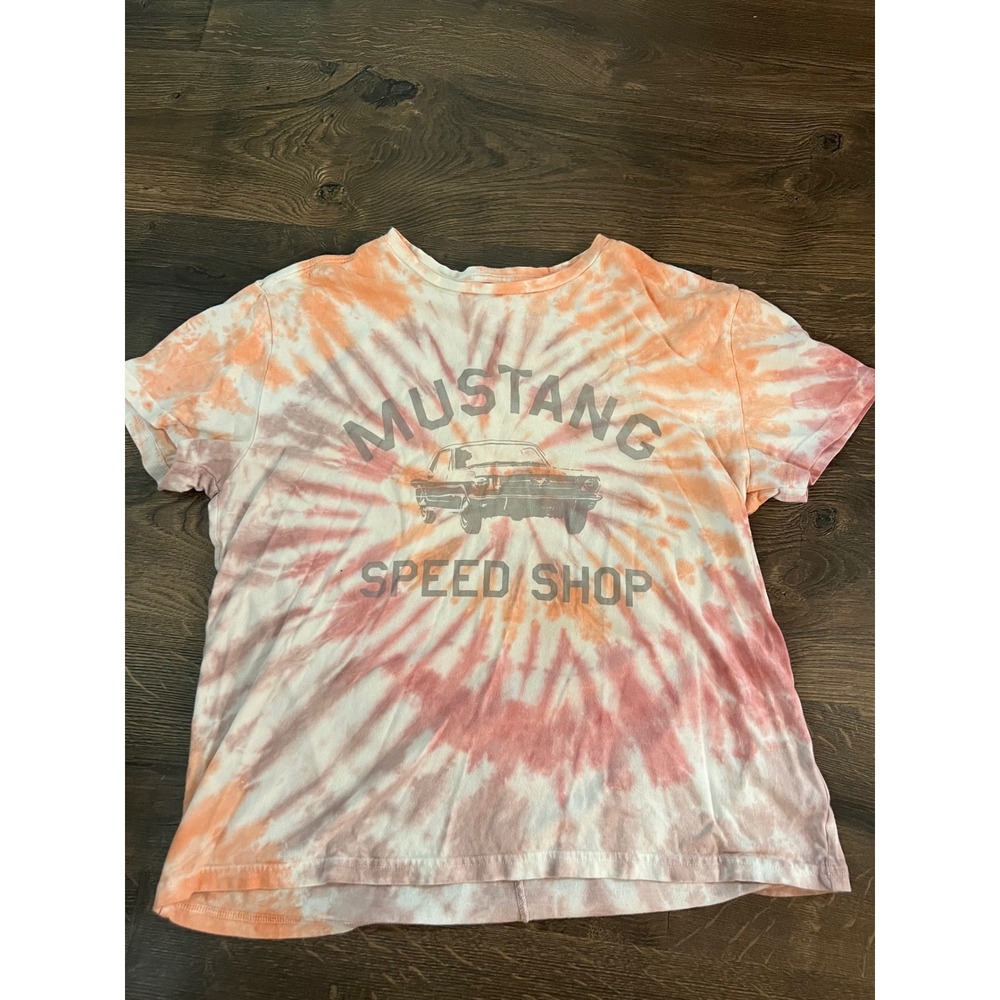 Lucky Brand Ford Mustang Speed Shop Tie Dye Graphic Tee Orange Pink XS